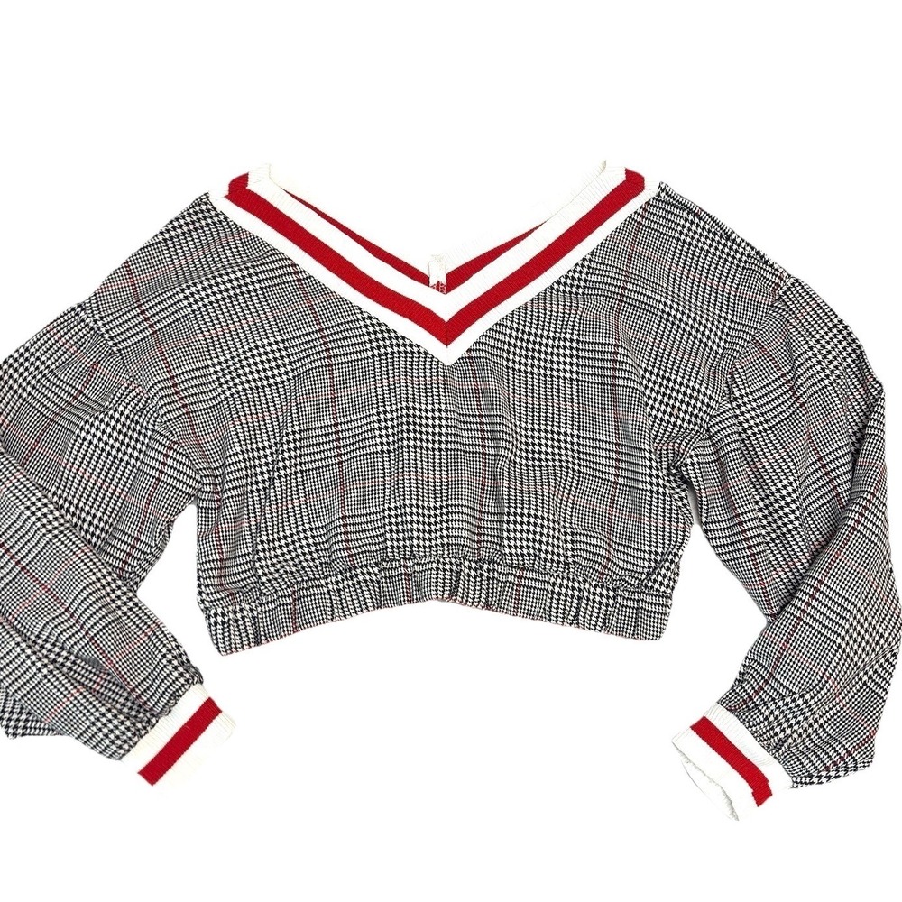 Forever 21 Cropped Longโ Sleeve Top Houndstooth V Neck Blouse Womens Size Small